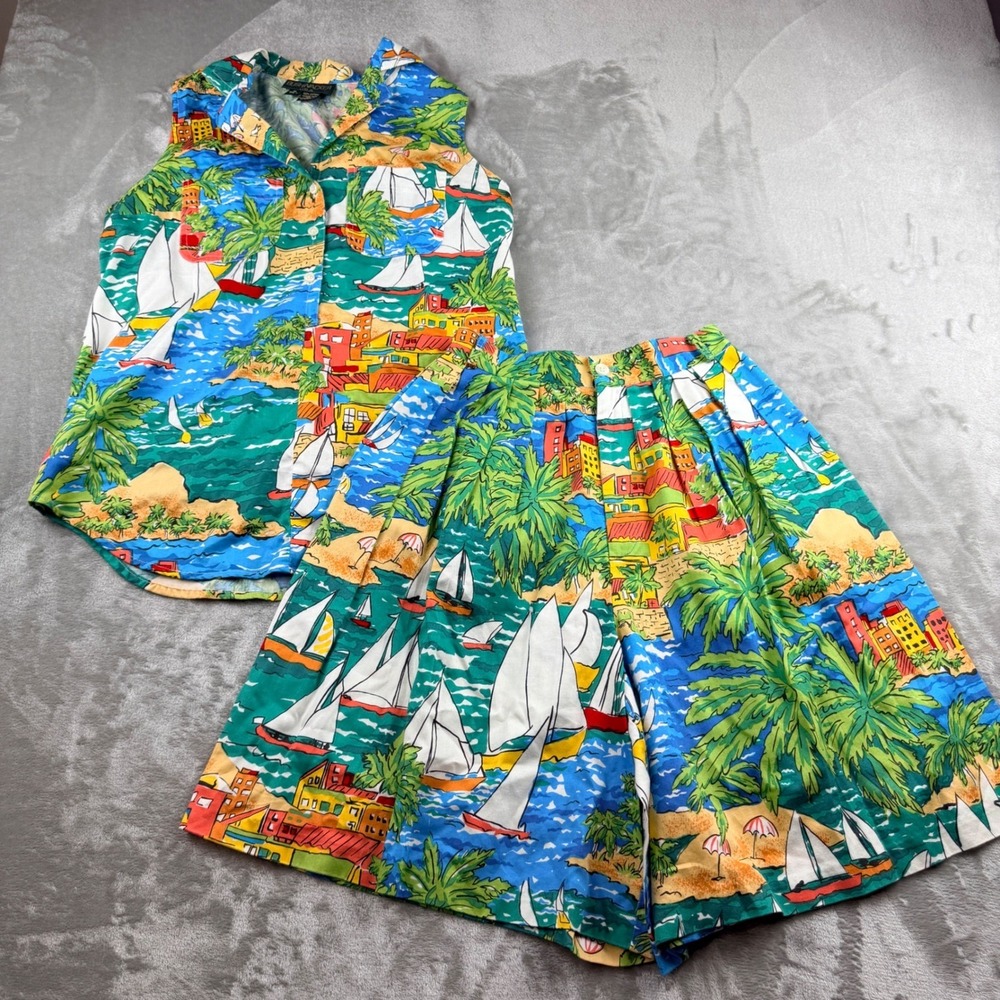 Bushwacker USA VTG 2 Piece‎ Women's M Set Tropical Nautical Sailboat Shorts Top